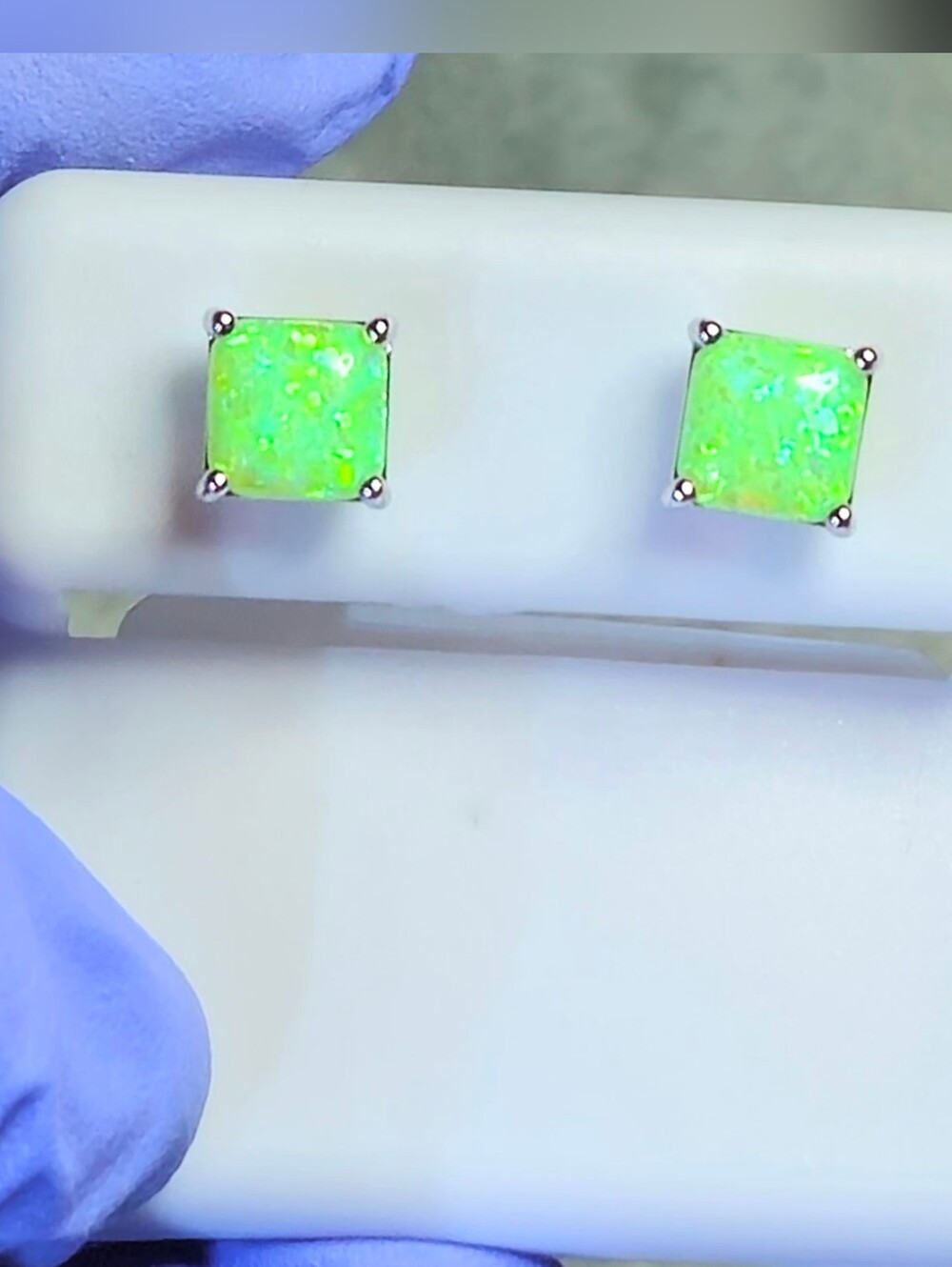 Vibrant Green Opal Square Stud Earrings 925 Sterling Silver